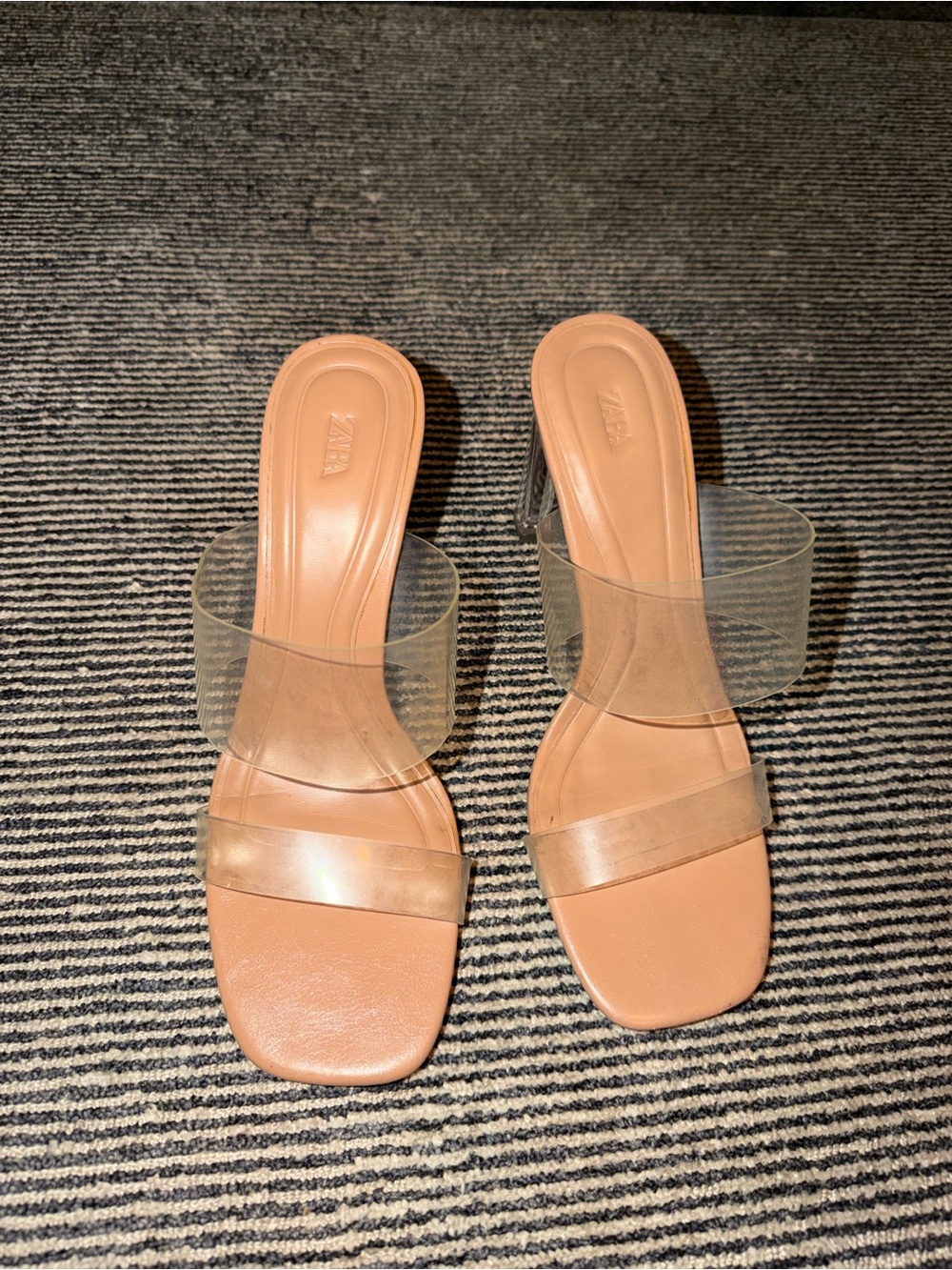 Zara Nude Tan Clear-Strap Slide Heels